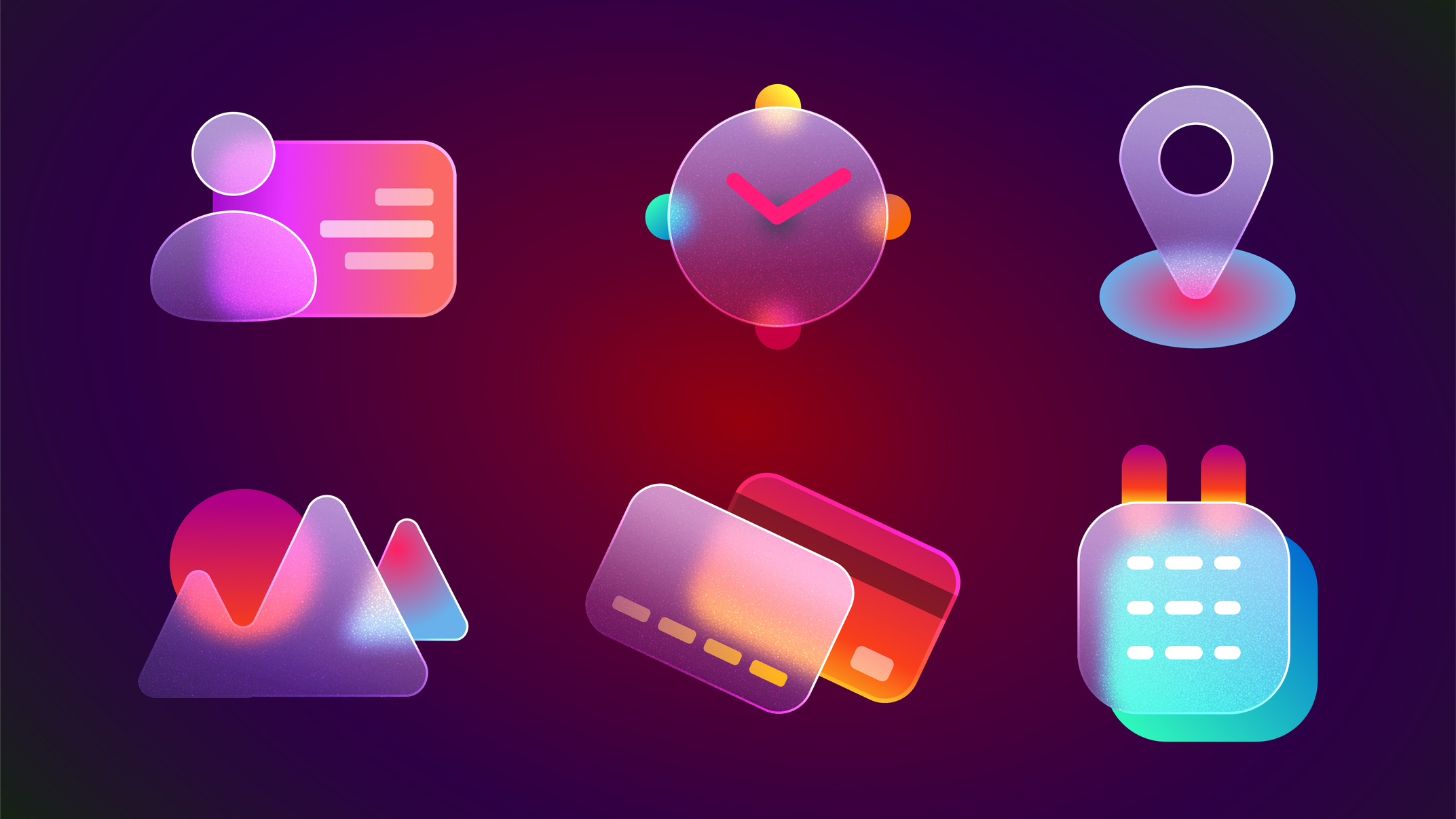 A series of app icons, including contacts, calendar, and clock, on a dark purple background.