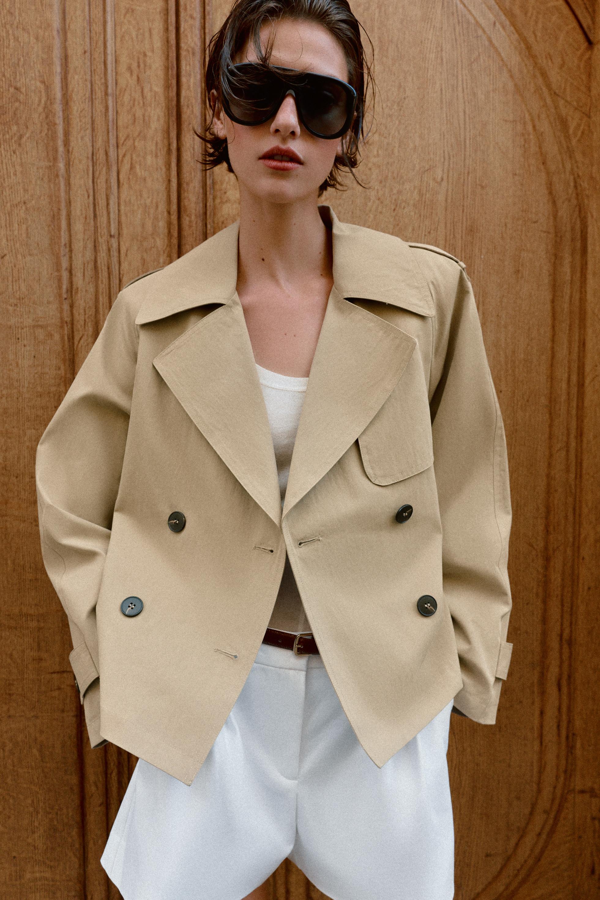 Cropped Trench Coat With Belt and Epaulets