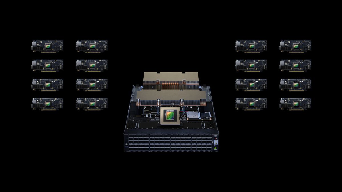 A shot of Nvidia&#039;s Spectrum-X platform hardware, namely network switches, against a solid black background.