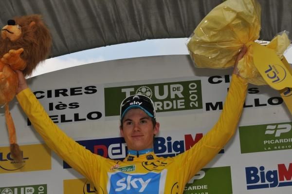 Ben Swift (Team Sky) shows off the first GC leader's jersey of his career