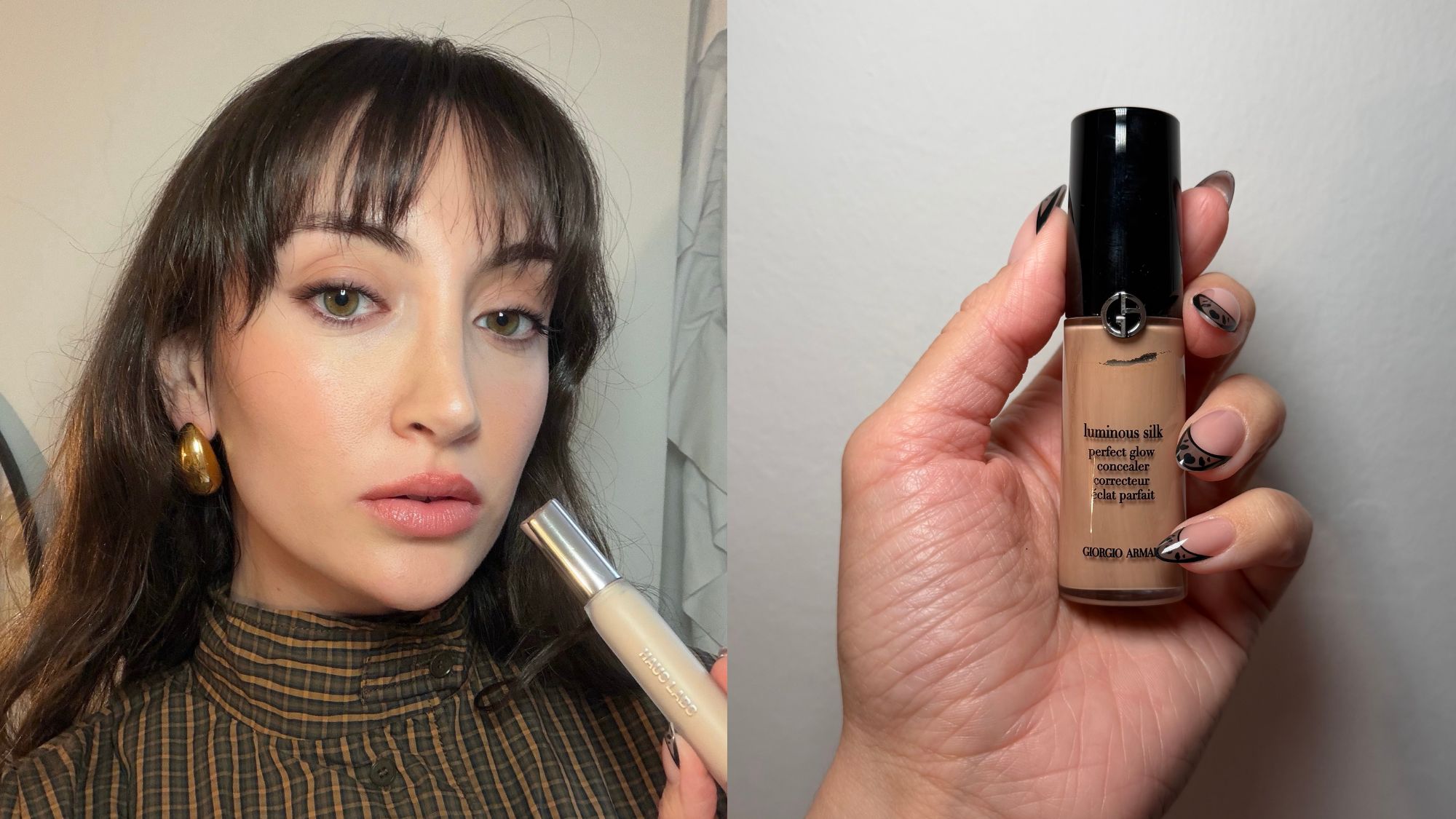An image ofBest Knockoff Luxury Clothing
 associate beauty editor Alyssa Brascia wearing and holding the Haus Labs Triclone Skin Tech Concealer and Armani Luminous Silk Hydrating Concealer.