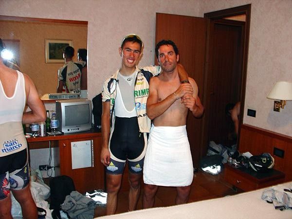 Juan Torres (left) and Andrea Gurayev (right) after the Giro dell&rsquo;Alto Verbano near Switzerland. Classic post-race hotel room view.