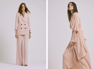 Models wear pastel suit and chiffon dress by DVF