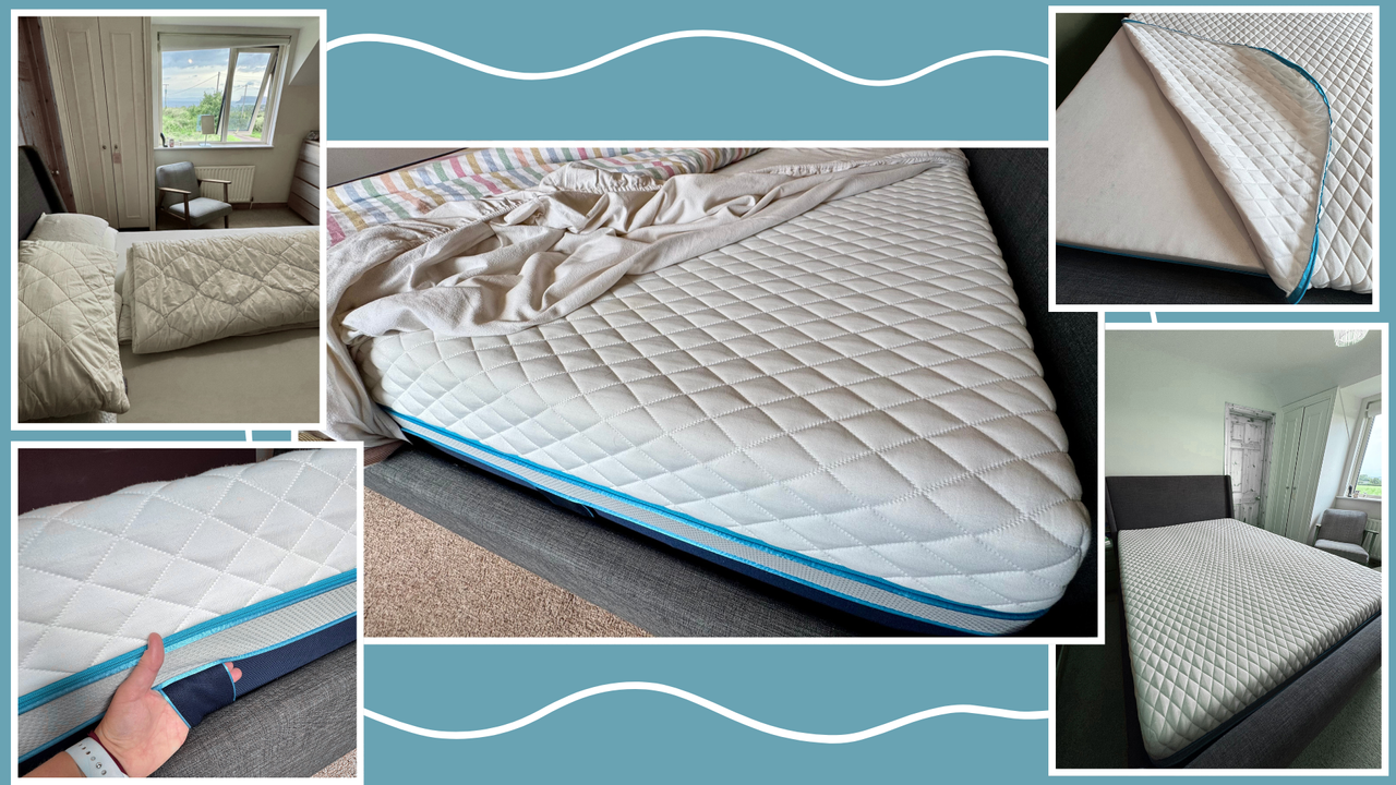 A collage of five images of the Simba Hybrid Luxe mattress while being taken by Ecommerce Editor Heidi Scrimgeour for this review