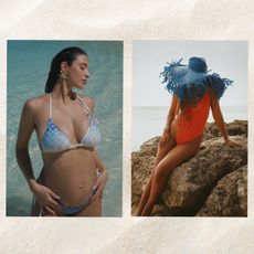 a collage of women wearing some of the biggest swimwear accessory trends of the season