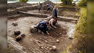Archaeologists excavate skeletons from the cemetery at the site of Łekno, Poland.