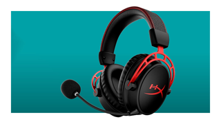 The snazzy red and black HyperX Cloud Alpha wireless headphones float in a teal void. The microphone is attached to the headset.