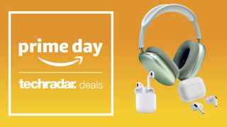 AirPods on a yellow background with Prime Day deals logo and Techradar logo