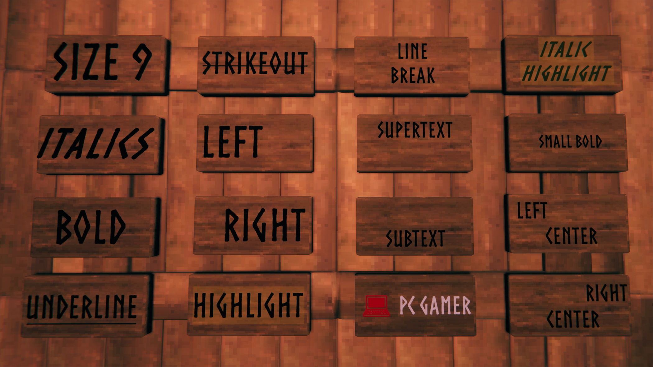 Rows of signs in Valheim displaying the types of style codes you can use to customize the text.