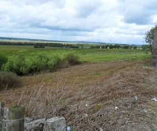 A sloped plot with green fields in the distance