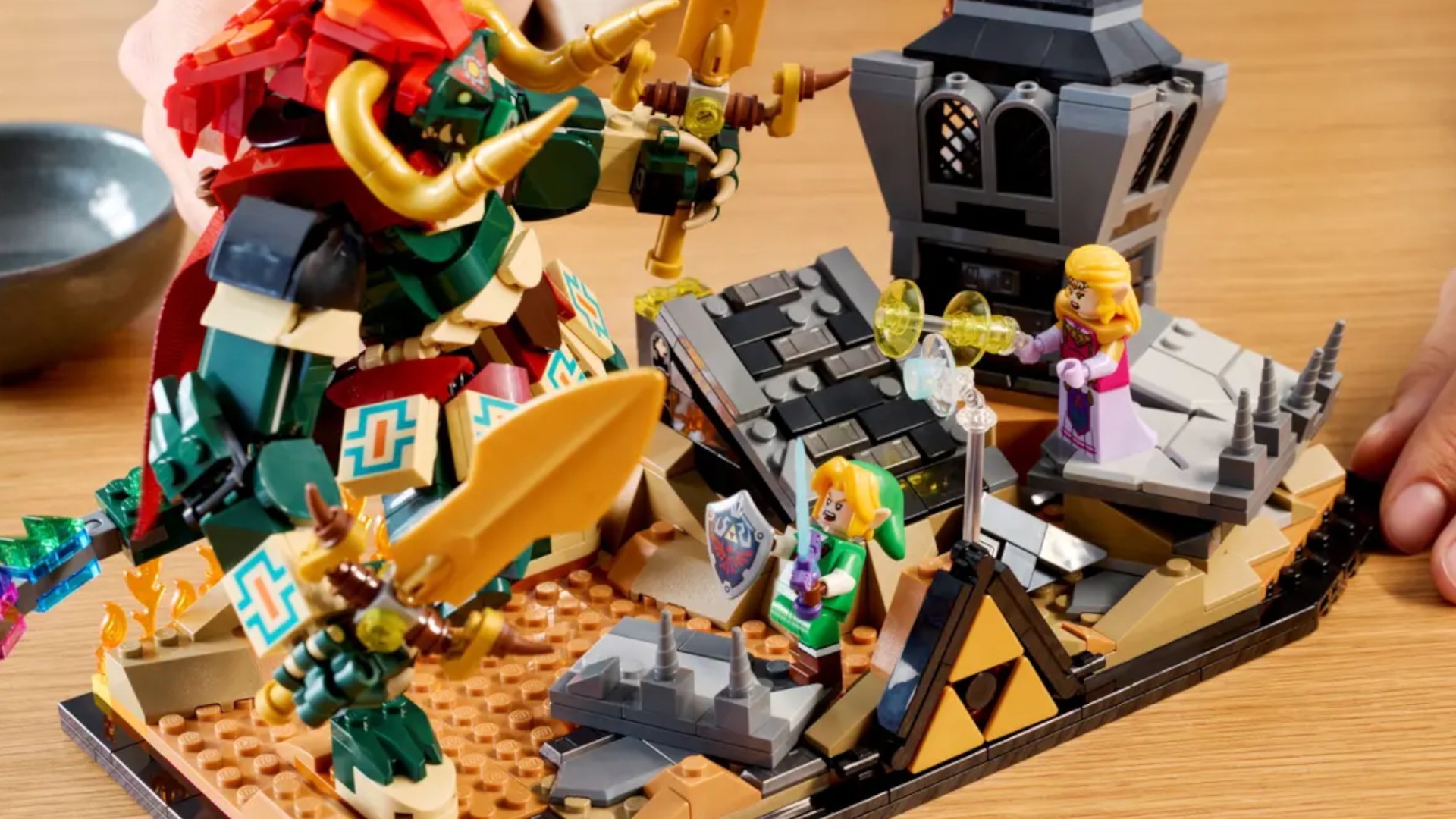 The Lego Ocarina of Time - The Final Battle set and figures laid out on a wooden table