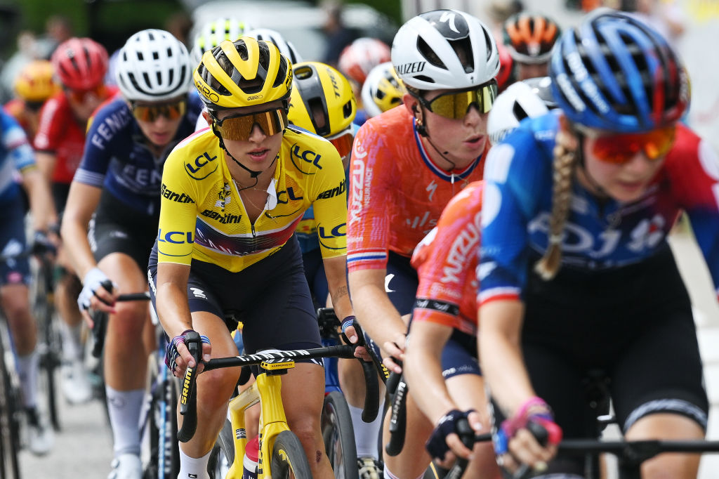 LE GRAND BORNAND, FRANCE - AUGUST 17: Katarzyna Niewiadoma of Poland and Team Canyon//SRAM Racing - Yellow leader jersey competes during the 3rd Tour de France Femmes 2024, Stage 7 a 166.4km stage from Champagnole to Le Grand Bornand 1265m / #UCIWWT / on August 17, 2024 in Le Grand Bornand, France. (Photo by Dario Belingheri/Getty Images)