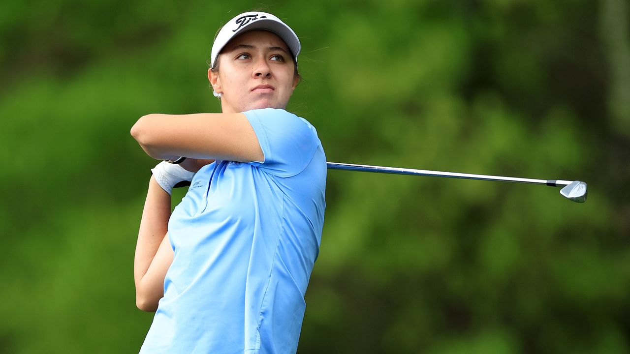 Anna Davis of the USA tees off on the 2nd hole during the first round of the Augusta National Women&#039;s Amateur at Champions Retreat Golf Course on April 03, 2024