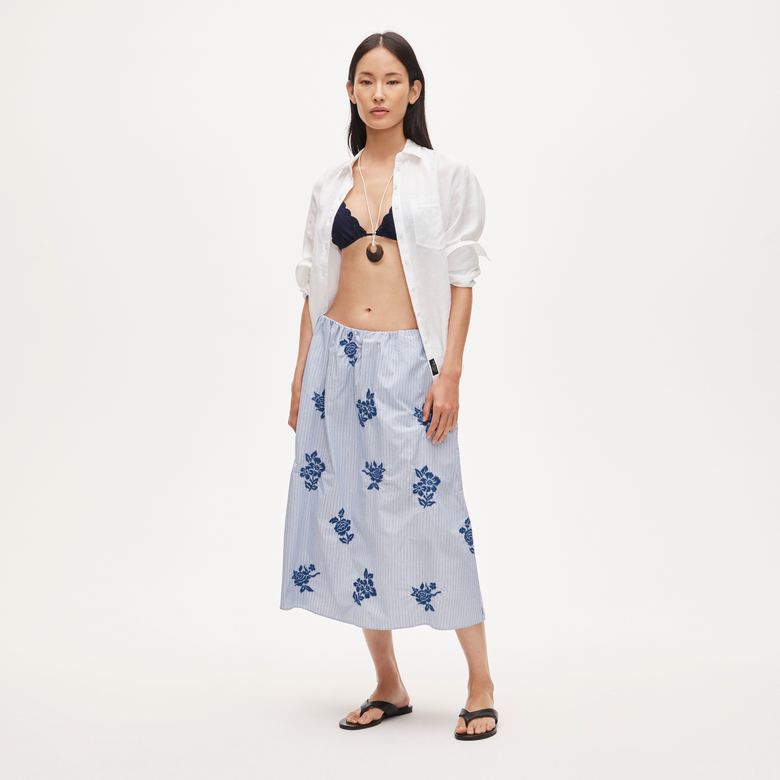 Beckett Midi Skirt in Embroidered Floral Stripe