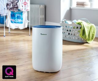 A MeacoDry 'ABC' 10L Dehumidifier with laundry in the background, both in a basket and on an indoor laundry line