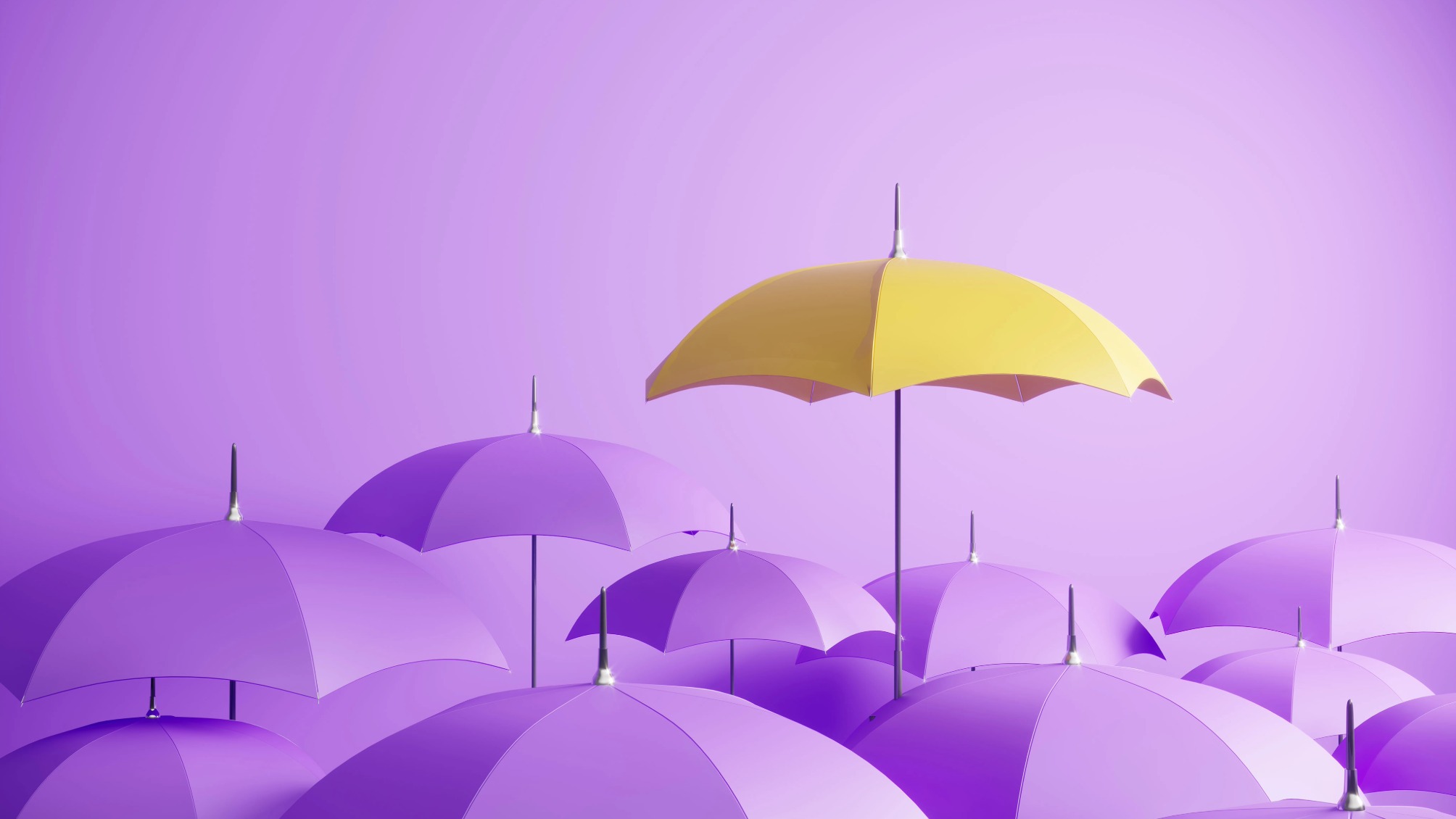 Yellow umbrella rising above a group of purple umbrellas against a purple background. 