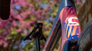 The head tube from a Cannondale SuperSix EVO, complete with the pink colours of EF Pro Cycling