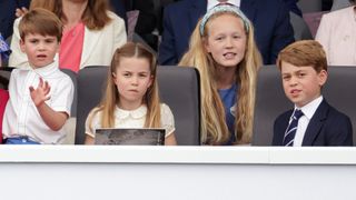Prince Louis of Cambridge, Princess Charlotte of Cambridge, and Prince George of Cambridge and Savannah Phillips during the Platinum Pageant