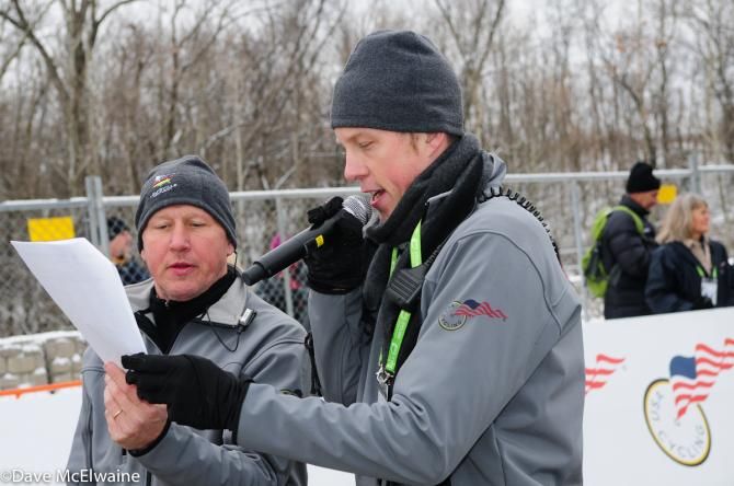 The announcers, Richard Fries (L) and Brad Sohner, call the Juniors to the line