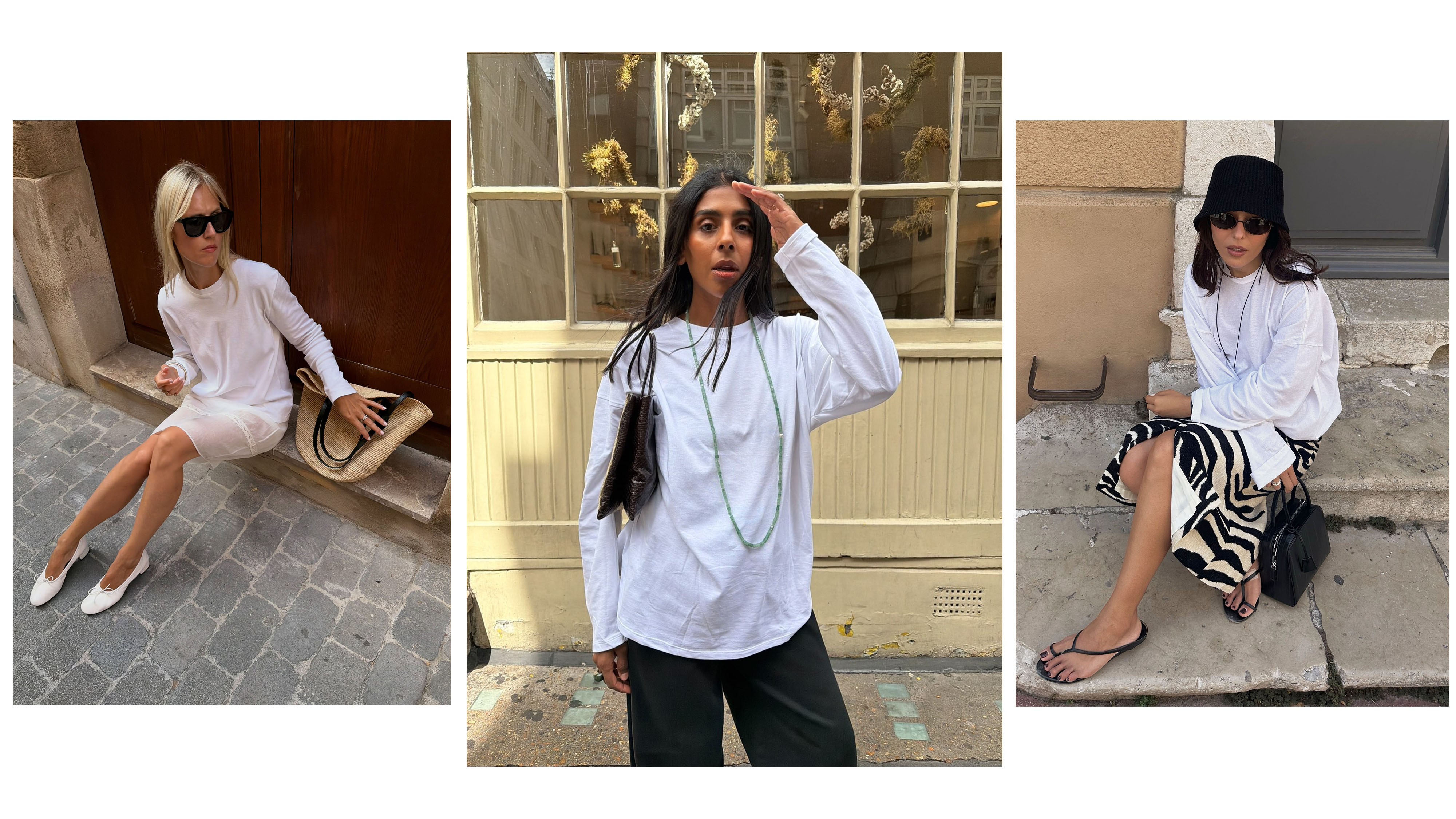 Collage of women in long-sleeve white tops.