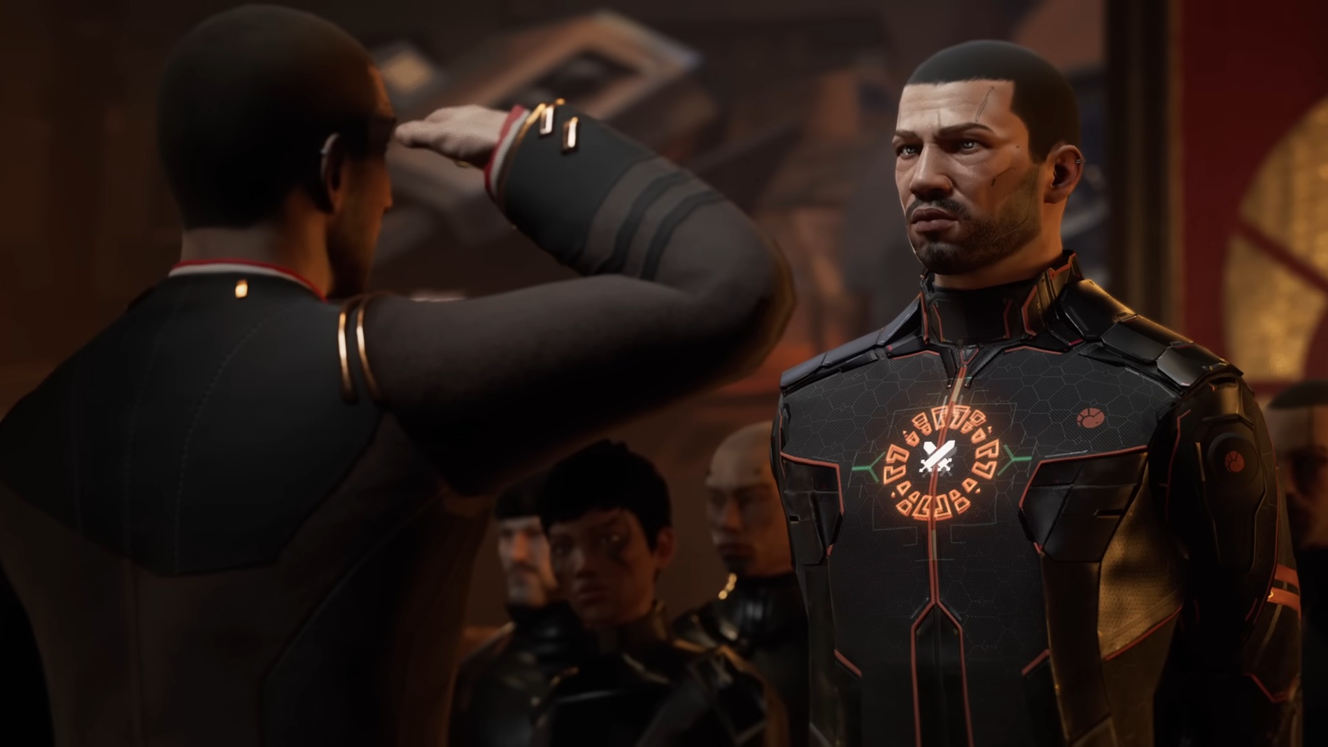 EVE Online guy getting a sort of holographic medal while a guy salutes him in Cradle of War expansion trailer.
