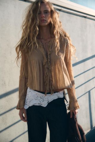 Textured Weave Ruffled Shirt