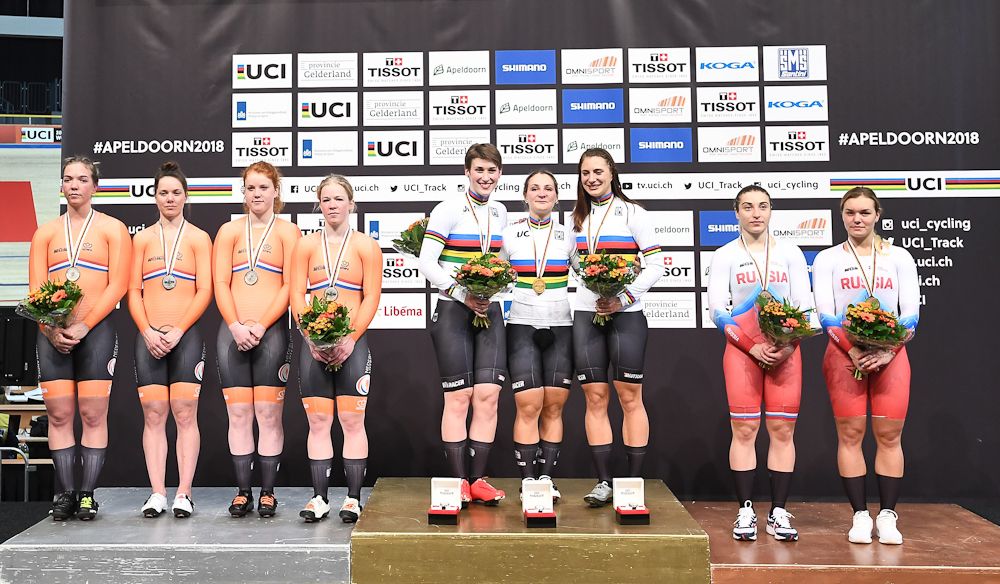 silver medallists Netherlands, gold medallists Germany and bronze medallists Russia pose on the podium after the women's team sprint final race at The UCI World Cycling Championships