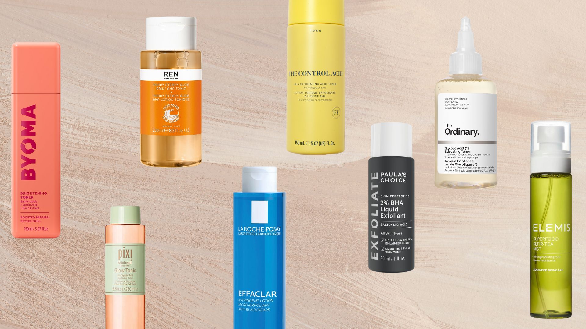 a selection of our best toners picks from Byoma, Pixi, Ren, La Roche-Posay, Skin Rocks, Paula's Choice, The Ordinary and Elemis on a brushed mauve background