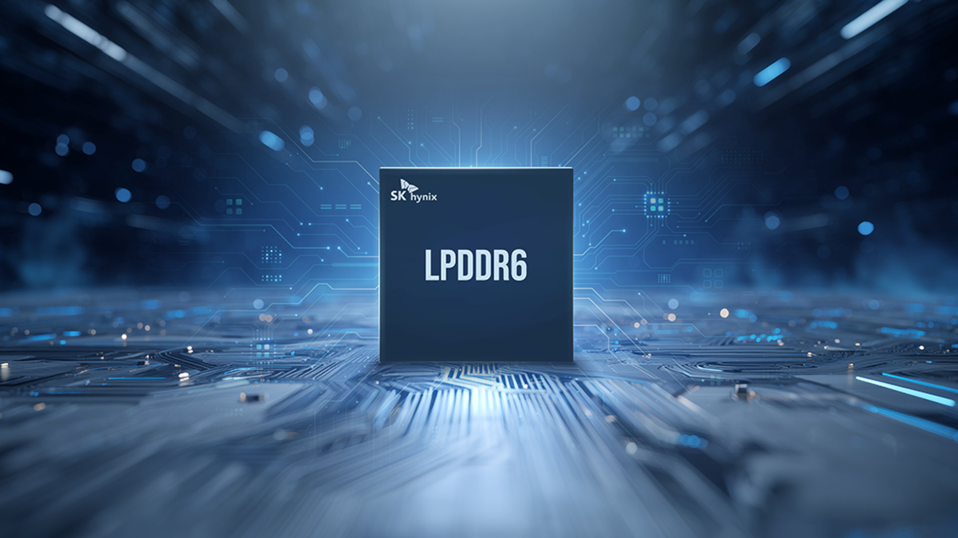A promotional image of an SK hynix LPDDR6 module, against a stylized electronic circuit background