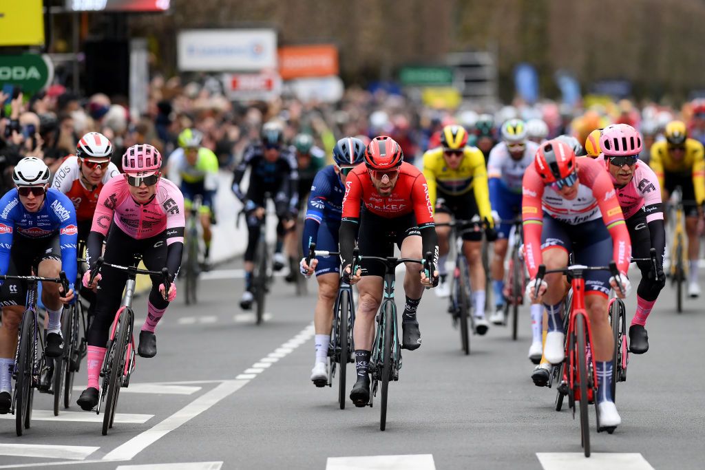 FONTAINEBLEAU FRANCE MARCH 06 LR Marijn Van Den Berg of The Netherlands and Team EF Education Easypost Daniel Mclay of The United Kingdom and Team Arka Samsic and Magnus Cort Nielsen of Denmark and Team EF Education Easypost after cross the finish line in the 81st Paris Nice 2023 Stage 2 a 1637km stage from Bazainville to Fontainebleau ParisNice on March 06 2023 in Fontainebleau France Photo by Alex BroadwayGetty Images