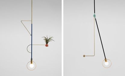 Two images both featuring a light fixture. The left fixture has a plant attached to the fitting. The right fixture shows the light at an angle (5pm). 