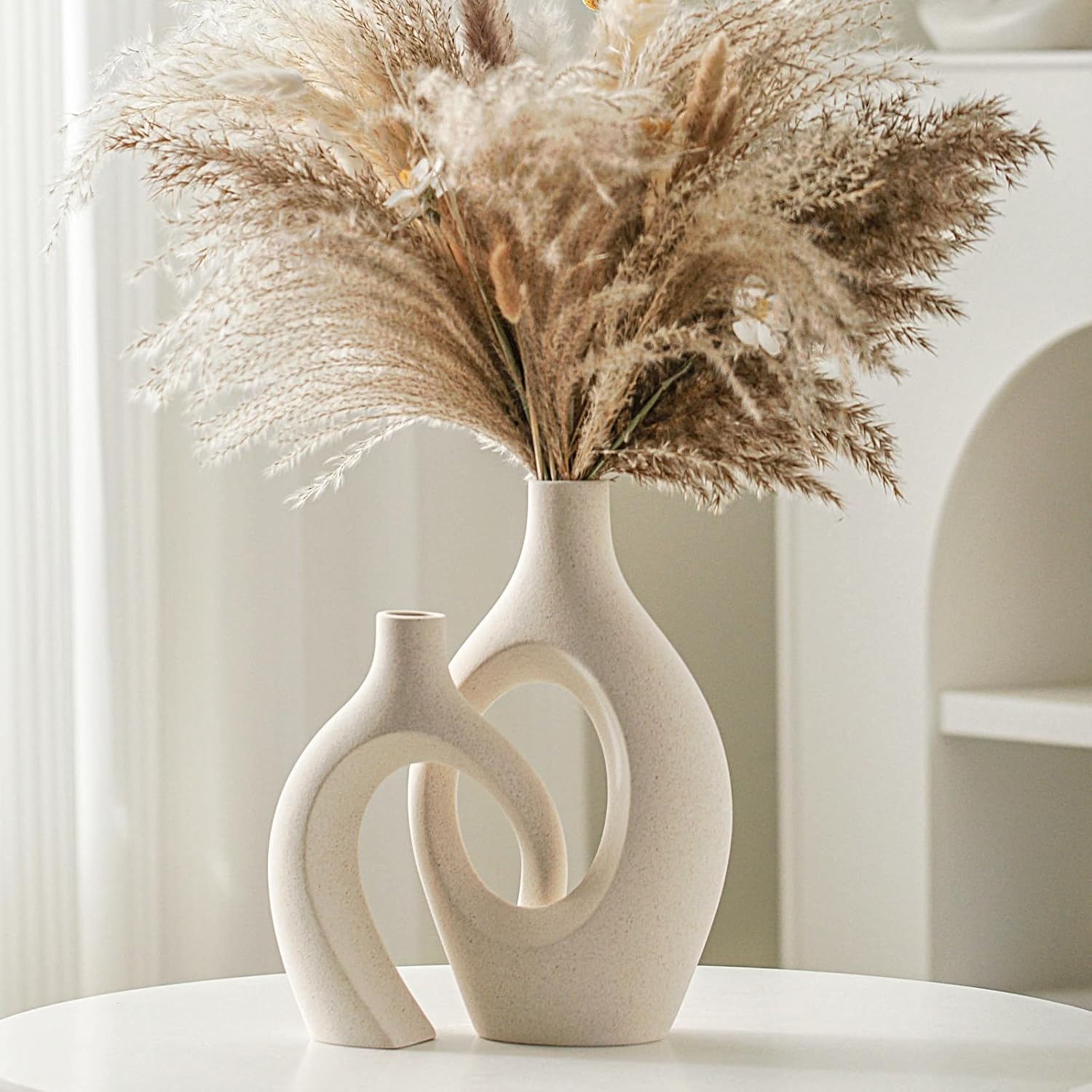 Lvases Snuggle Hollow Ceramic Vase Set of 2, Boho Ins Style Round Nordic Mid Century Modern Aesthetic Decorative Vase for Home Decor (cream W 6.8" X H 11")
