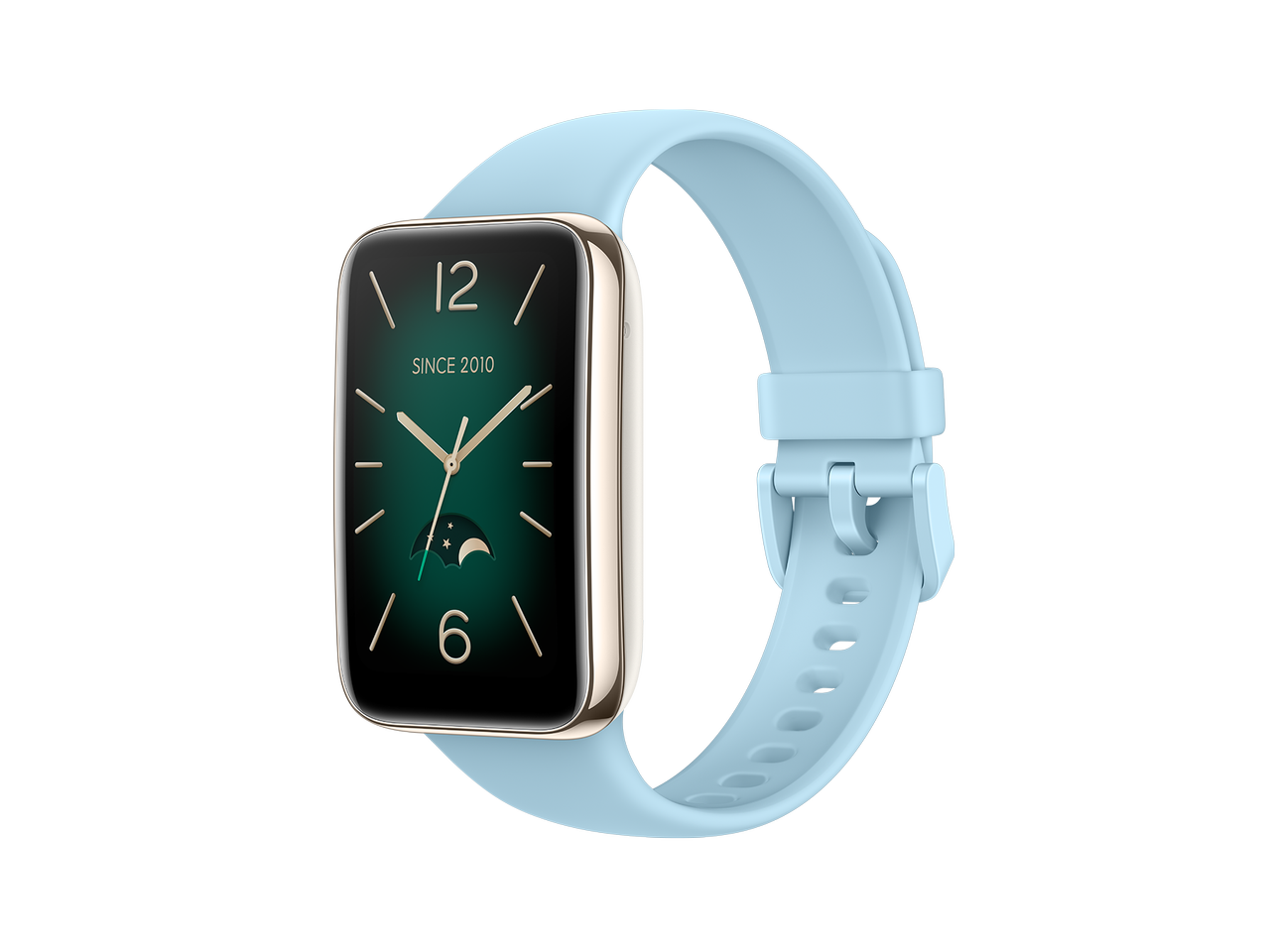 A Xiaomi Smart Band 7 Pro with a classic watch face and a Blue strap