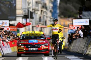 NICE FRANCE MARCH 12 Tadej Pogacar of Slovenia and UAE Team Emirates Yellow Leader Jersey celebrates at finish line as race winner during the 81st Paris Nice 2023 Stage 8 a 1184km stage from Nice to Nice UCIWT ParisNice on March 12 2023 in Nice France Photo by Alex BroadwayGetty Images