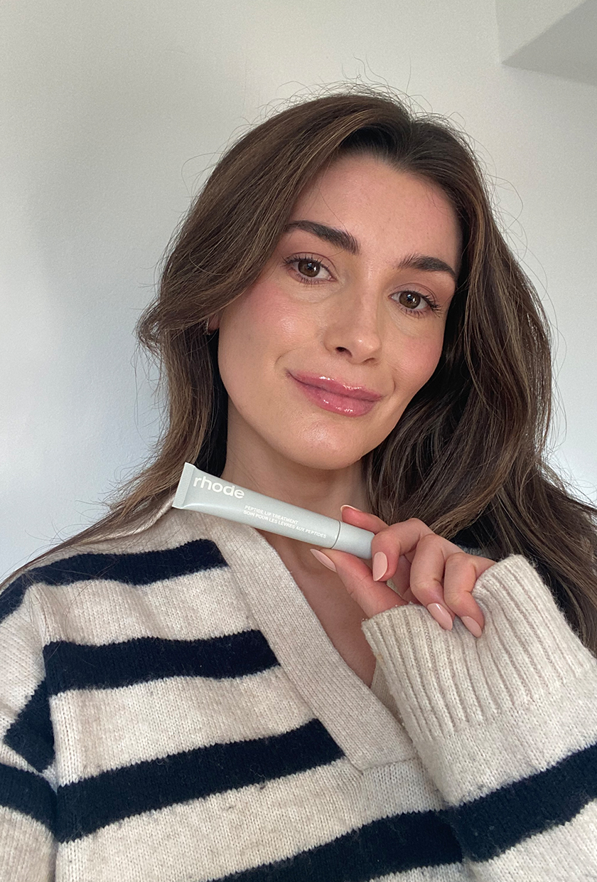 beauty editor Eleanor Vousden wearing Rhode Peptide Lip Treatment in Salted Caramel