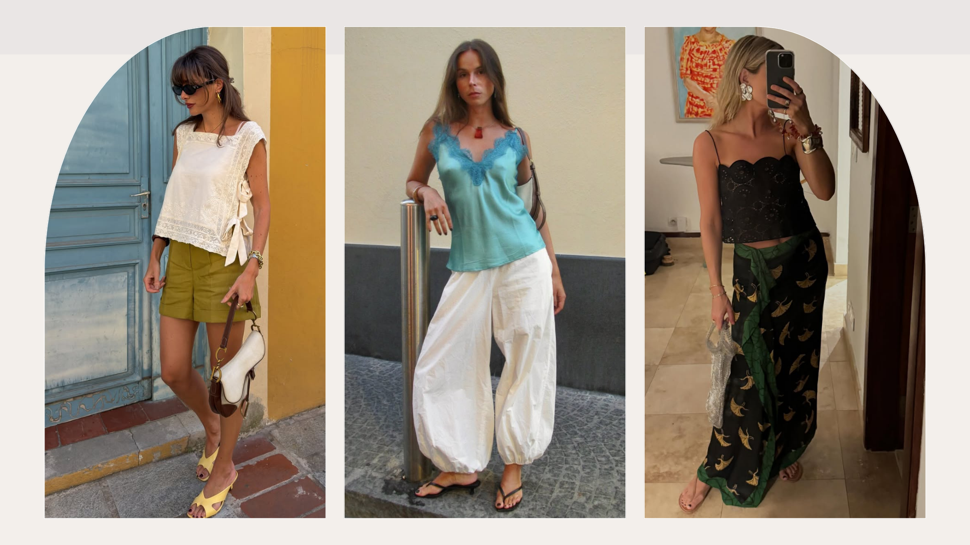 Influencers Johanna Lager, Lucy Williams and Julie Sergent Ferreri wearing summer holiday outfits. 