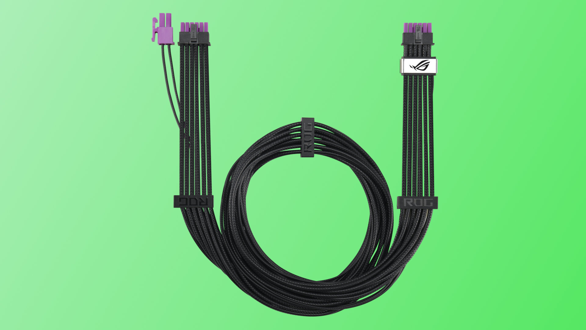 An image of the Asus ROG Equalizer 12V-2x6 power cable, against a gradient green background