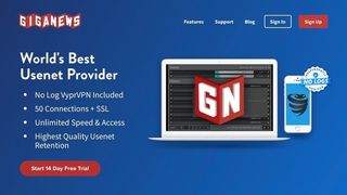 Giganews Usenet website front page, advertising its VyprVPN, 50 connections, SSL encryption, unlimited speed and retention rates