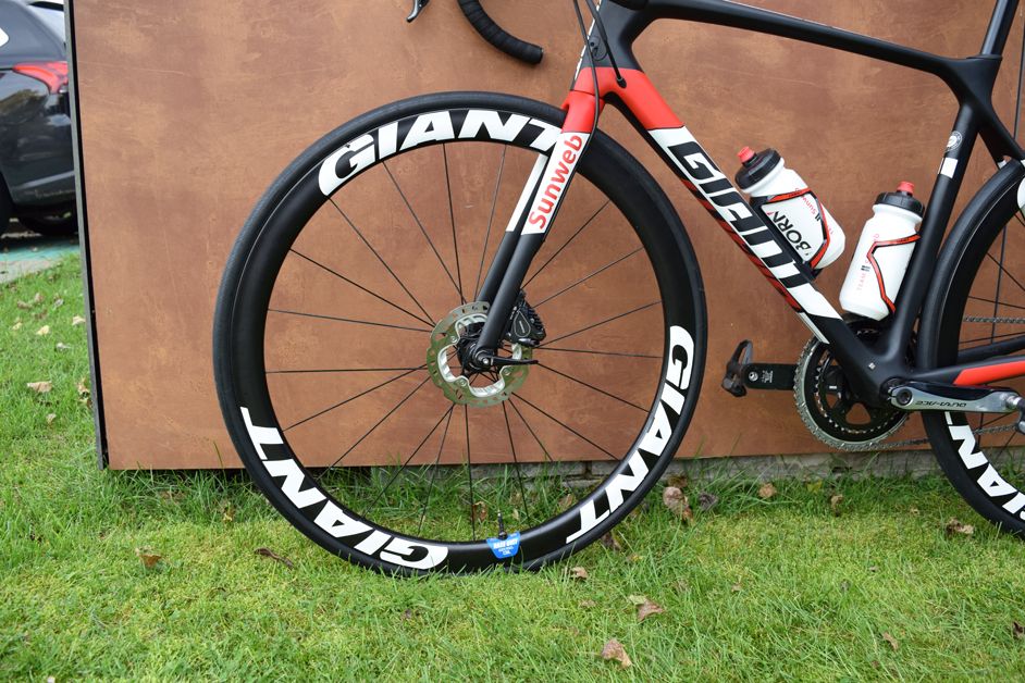 A look at the disc rotors and front wheel