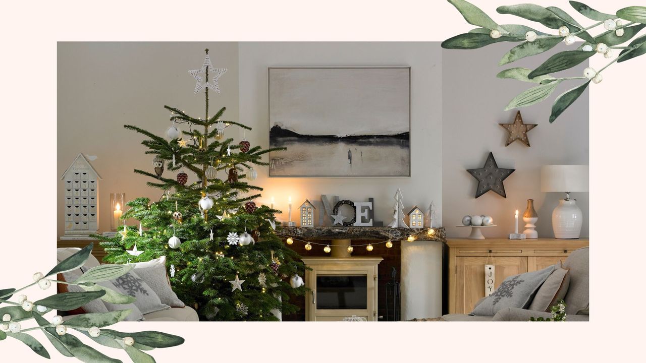 picture of Christmas tree in living room with neutral decor