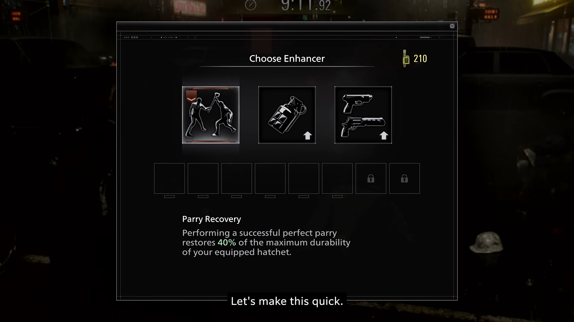 &amp;quot;Game interface shows a 'Choose Enhancer' menu with three icons: a fighter, a bottle, and a gun. Text below describes 'Parry Recovery.' Dark tone.&amp;quot;