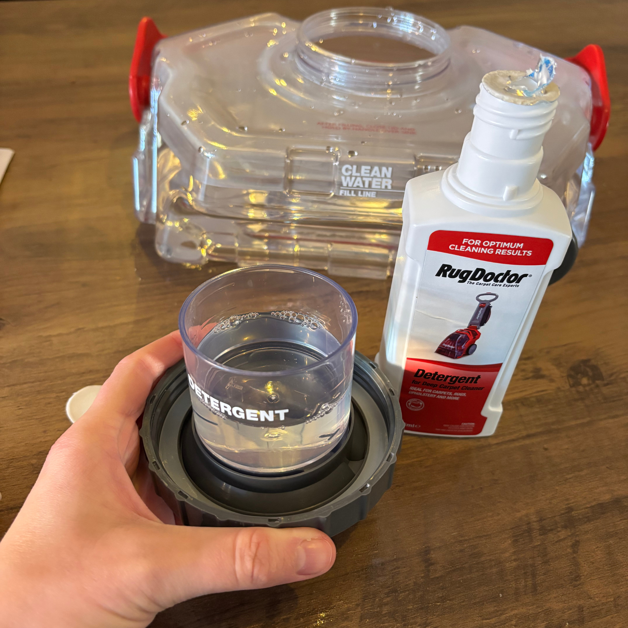 Rug Doctor Deep Upright Carpet Cleaner clean water tank and cleaning solution