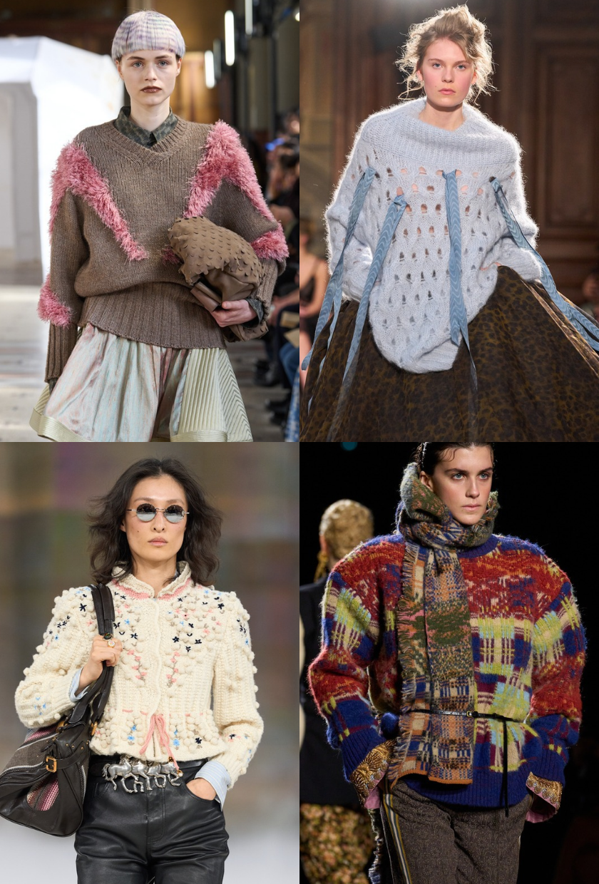 Four models from the autumn winter runways wearing maximalist jumpers and cardigans