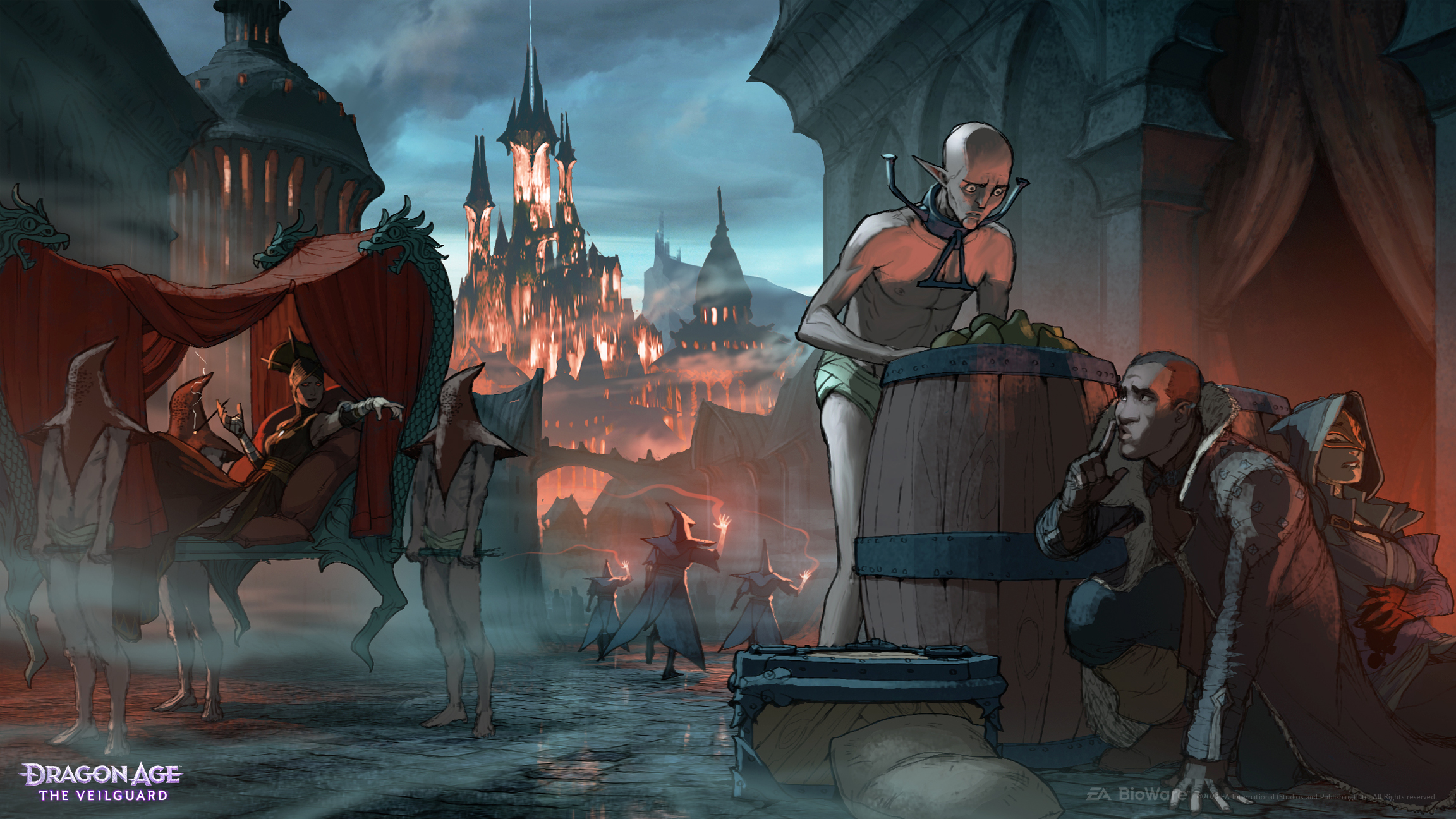 An adventurer hides behind a barrel and shushes an elven slave while in the background a litter carried by slaves and a magical spire are visible.