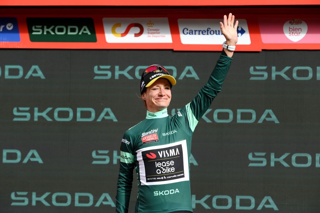 VINUESA SPAIN MAY 03 Marianne Vos of The Netherlands and Team Visma Lease a Bike celebrates at podium as Green points jersey winner during the 10th La Vuelta Femenina 2024 Stage 6 a 1321km stage from Tarazona to La Laguna Negra Vineuesa 1722m UCIWT on May 03 2024 in Vineuesa Spain Photo by Alex BroadwayGetty Images