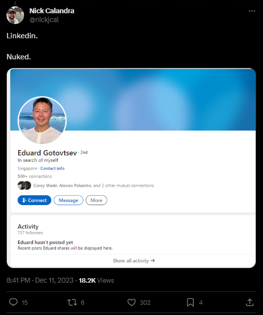 Una publicación que dice: "Linkedin.  Bombardeado." con una imagen del perfil silenciado de LinkedIn del CEO de Fntastic.