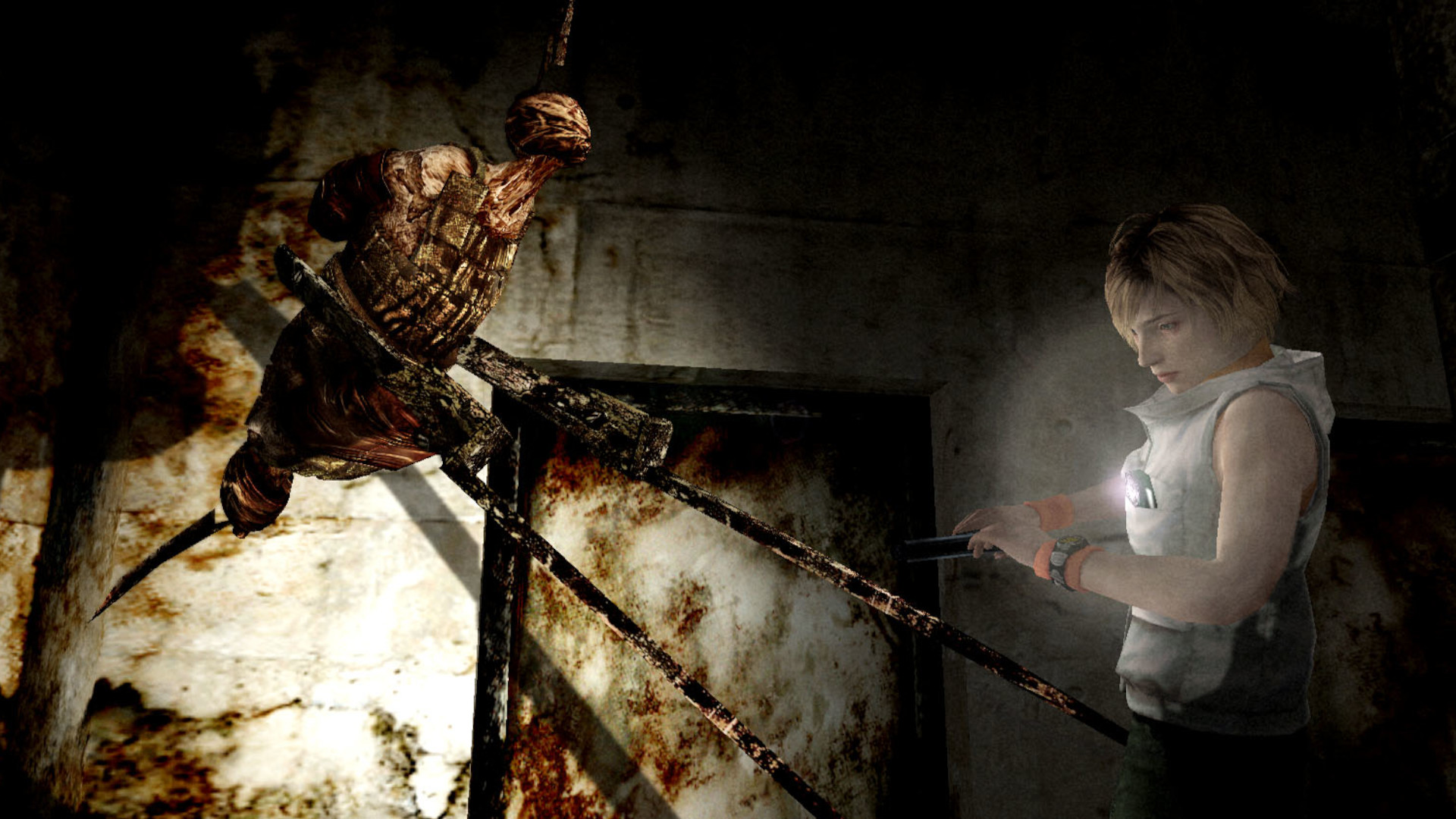 Heather is attacked by a spindly monster in Silent Hill 3