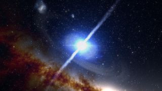 An illustration shows a neutron star merger in the early universe blasting out gamma rays. A bright white star ringed in blue is sending out two jets of energetic material into space.