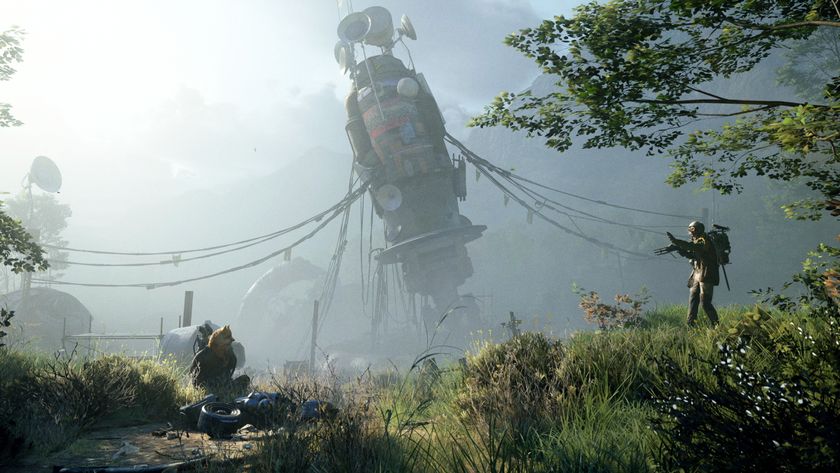 Arc Raiders With a Trace: A raider waving at another raider in the outskirts of a forest, with Adorned Wreckage in the distance.