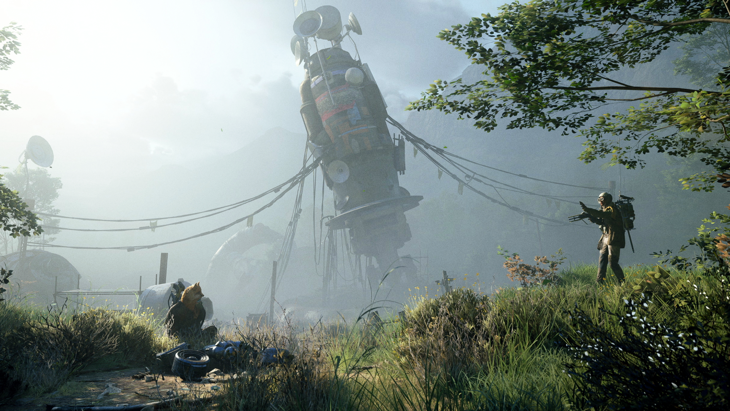 Arc Raiders With a Trace: A raider waving at another raider in the outskirts of a forest, with Adorned Wreckage in the distance.